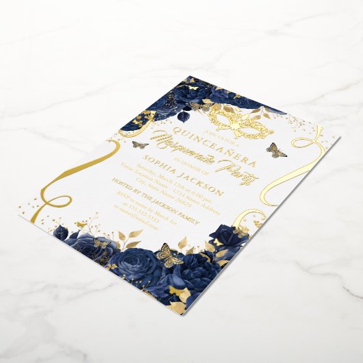 ネイビー王室の仮装バタフライキンセアニェラ 箔招待状 (回転した状態)