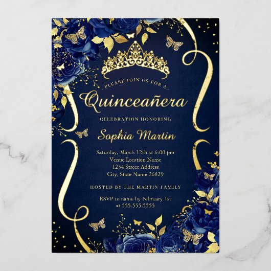 ネイビー王室の金ゴールドフローラバタフライティアラキンセアニェラ 箔招待状 (正面)