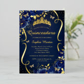 ネイビー王室の金ゴールドフローラバタフライティアラキンセアニェラ 箔招待状 (立ち正面)