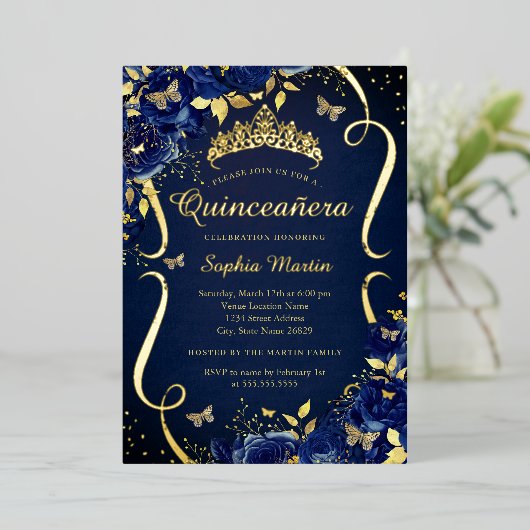 ネイビー王室の金ゴールドフローラバタフライティアラキンセアニェラ 箔招待状