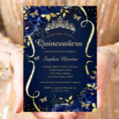 ネイビー王室の金ゴールドフローラバタフライティアラキンセアニェラ 箔招待状