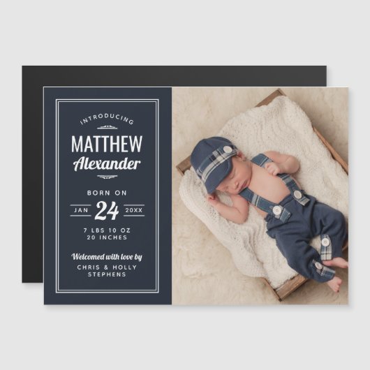 ネイビー男の赤ちゃん磁気写真誕生のお知らせ マグネット招待状 (正面/裏面)