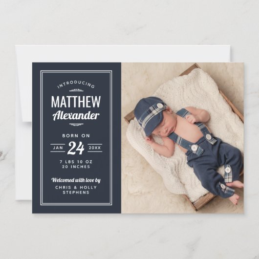 ネイビー男の赤ちゃん磁気写真誕生のお知らせ マグネット招待状 (正面)