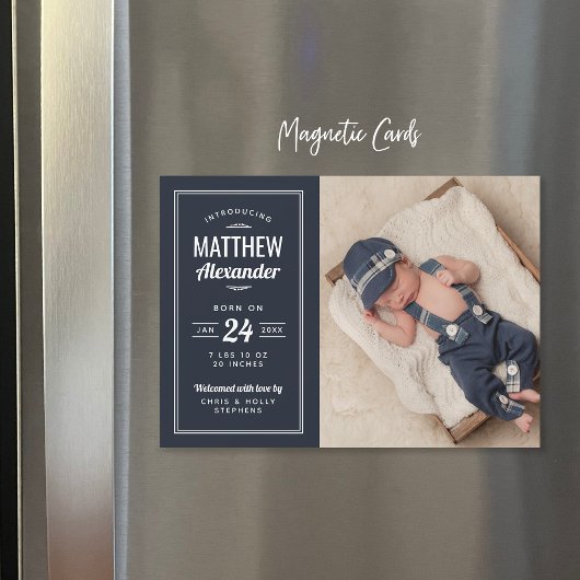 ネイビー男の赤ちゃん磁気写真誕生のお知らせ マグネット招待状
