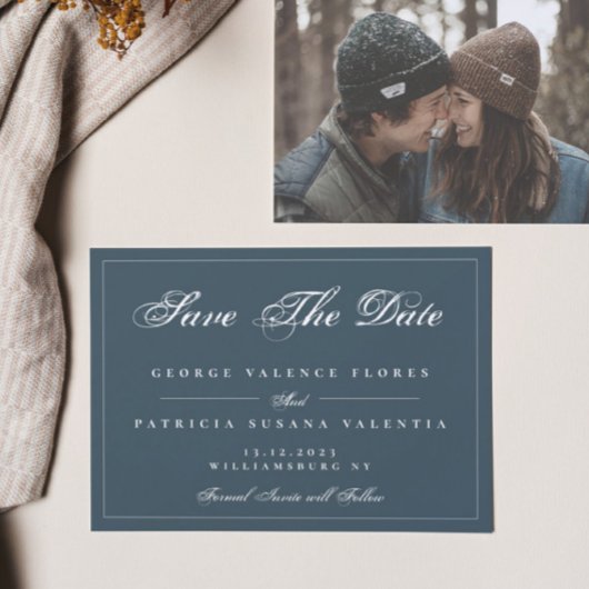 ネイビー白クラシック色伝統的エレガント写真 セーブザデート