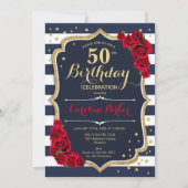 ネイビー白ストライプローズフォト50誕生日 招待状 (正面)