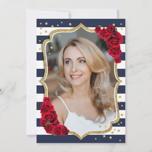 ネイビー白ストライプローズフォト50誕生日 招待状 (裏面)