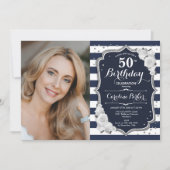 ネイビー白ストライプ誕生日銀写真50 招待状 (正面)