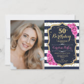 ネイビー白ストライプ金ゴールドピンク写真50誕生日 招待状 (正面)