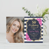 ネイビー白ストライプ金ゴールドピンク写真50誕生日 招待状 (スタンド正面)