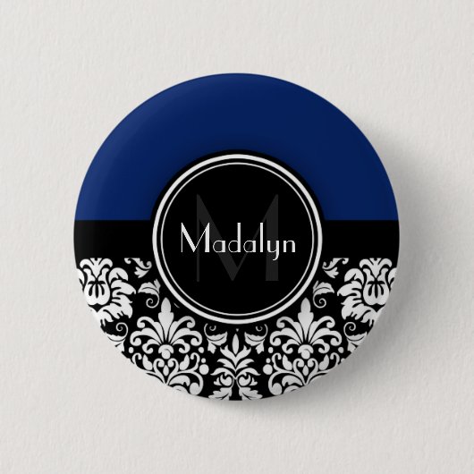 ネイビー白黒ダマスクモノグラムレター 缶バッジ (正面)