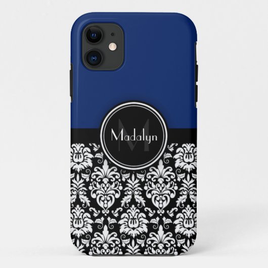 ネイビー白黒ダマスクモノグラムレター Case-Mate iPhoneケース (裏面)