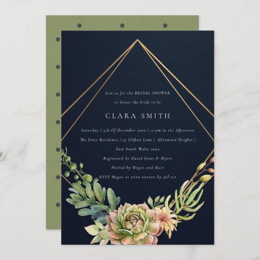 ネイビー砂漠多肉性のサボテンの葉ブライダルシャワー 招待状 (正面/裏面)