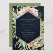 ネイビー砂漠多肉性のサボテンの葉ブライダルシャワー 招待状 (正面/裏面)