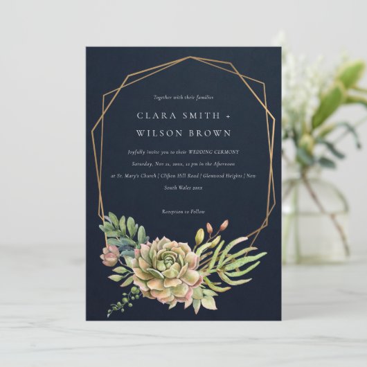 ネイビー砂漠多肉質のサボテンの葉のフレーム結婚ズ 招待状 (スタンド正面)