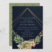 ネイビー砂漠多肉質のサボテンの葉カップルのシャワー 招待状 (正面/裏面)