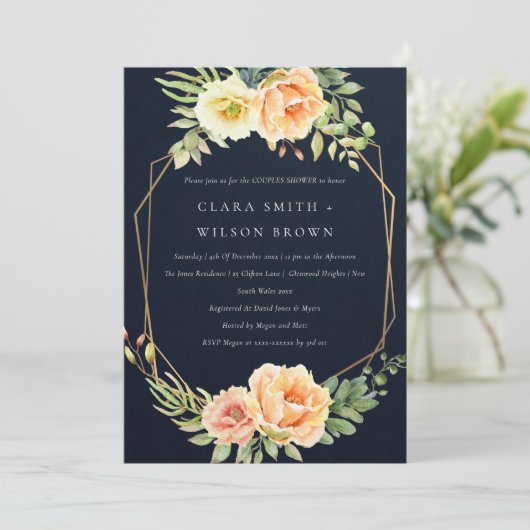 ネイビー砂漠多肉質のサボテンの葉カップルのシャワー 招待状 (スタンド正面)