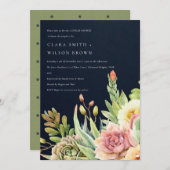 ネイビー砂漠多肉質のサボテンの葉カップルのシャワー 招待状 (正面/裏面)