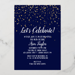 ネイビー祝ブルーパーティー金ゴールド 箔招待状