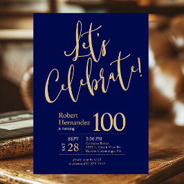 ネイビー祝ブルー金ゴールド100誕生日 招待状