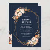 ネイビー秋フローラ幾何学ブライダルシャワー 招待状 (正面/裏面)