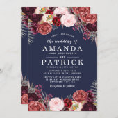 ネイビー秋マルサラ赤面牡丹結婚式招待状 招待状 (正面/裏面)