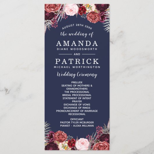 ネイビー秋マルサラ赤面牡丹結婚式 プログラム (正面)
