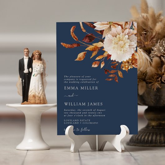 ネイビー秋モダン水色テラコッタ結婚ズ 招待状