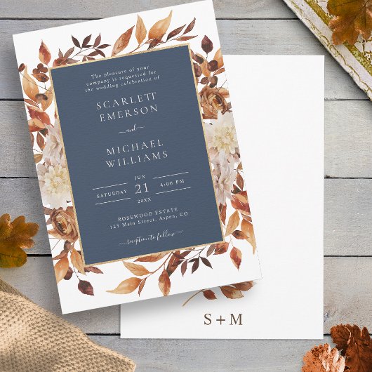 ネイビー秋結婚フローラ 招待状