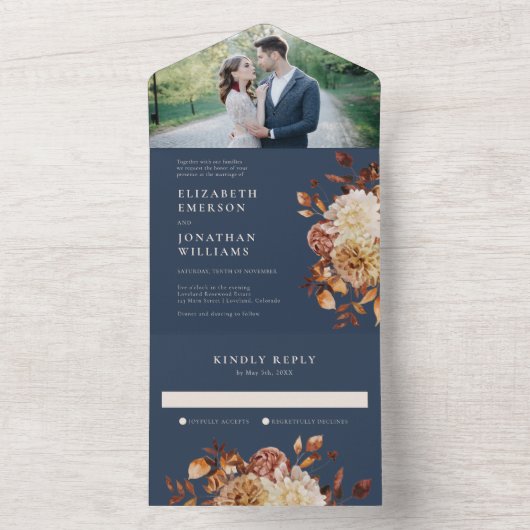 ネイビー秋結婚写真の全招待状 オールインワン招待状 (内側)
