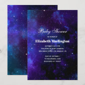 ネイビー空間。夜の星々。モダンな銀河ベイビーシャワー 招待状 (正面/裏面)