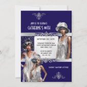 ネイビー素晴らしシルバー・ギャツビー・フラッパー・ガールズ誕生日 招待状 (正面)