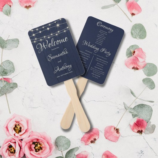 ネイビー素朴ウッドのストリングライト ハンドファン