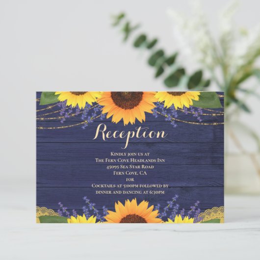 ネイビー素朴ウッドサンフラワーウェディングレセプション エンクロージャーカード (スタンド正面)