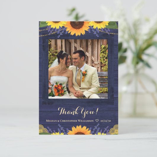 ネイビー素朴ウッドライトサンフラワー結婚の写真 サンキューカード (スタンド正面)