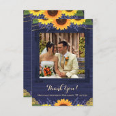 ネイビー素朴ウッドライトサンフラワー結婚の写真 サンキューカード (正面/裏面)
