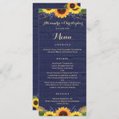 ネイビー素朴ウッドライトレースサンフラワー結婚ズ メニュー (正面/裏面)