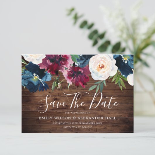 ネイビー素朴ウッドレッドワインブルゴーニュの花結婚の数 セーブザデート (スタンド正面)