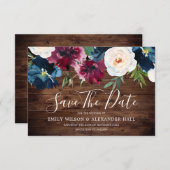 ネイビー素朴ウッドレッドワインブルゴーニュの花結婚の数 セーブザデート (正面/裏面)