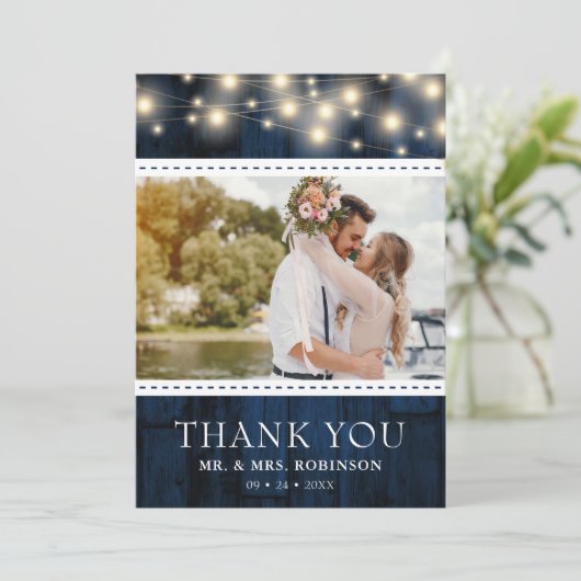 ネイビー素朴ウッド結婚の写真 サンキューカード (スタンド正面)