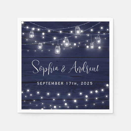 ネイビー素朴ウッド・メイソン・ジャース・ライツ結婚ズ スタンダードカクテルナプキン (正面)