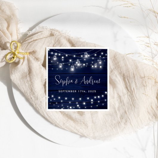 ネイビー素朴ウッド・メイソン・ジャース・ライツ結婚ズ スタンダードカクテルナプキン