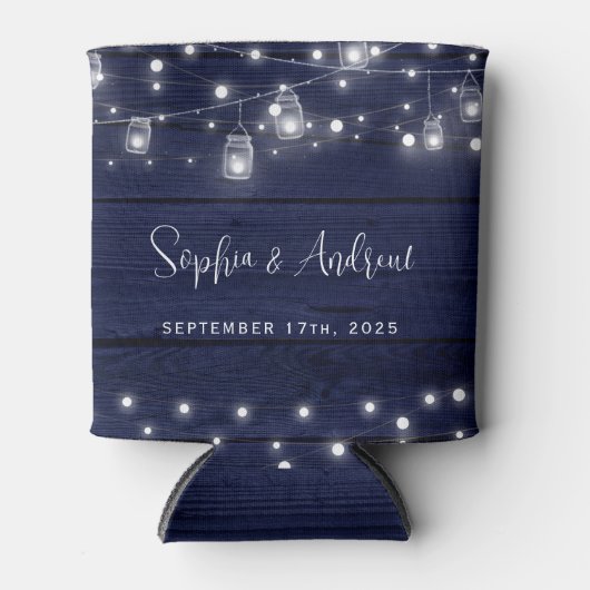 ネイビー素朴ウッド・メイソン・ジャース・ライツ結婚ズ 缶クーラー (正面)