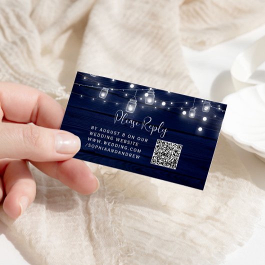 ネイビー素朴ウッドMason Jars Lightsの結婚QR RSVP エンクロージャーカード