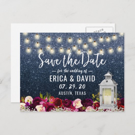 ネイビー素朴グリッター灯篭の花の保存日 案内ポストカード (正面/裏面)
