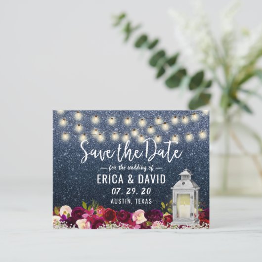 ネイビー素朴グリッター灯篭の花の保存日 案内ポストカード (スタンド正面)