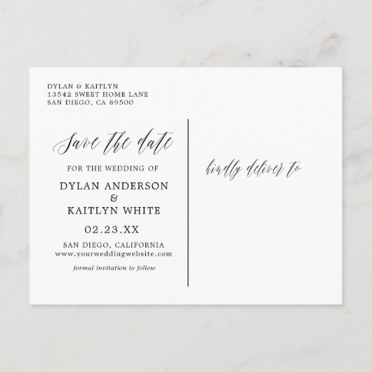 ネイビー素朴スクリプトのカップル写真の日付を保存 案内ポストカード (裏面)