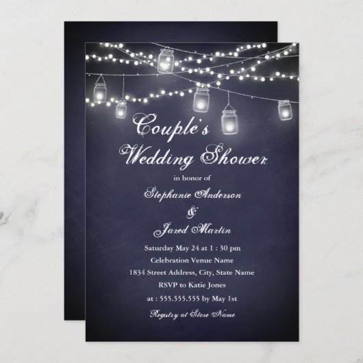 ネイビー素朴ストリングライトカップルウェディングシャワー 招待状 (正面/裏面)