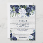 ネイビー素朴ダスティブルーウォーター色フローラウッド 招待状 (正面)