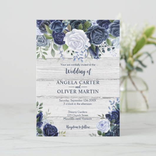 ネイビー素朴ダスティブルーウォーター色フローラウッド 招待状 (スタンド正面)